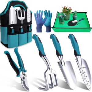 Gardening tool set featuring a teal and black carrying bag, including a trowel, transplanter, hand rake, pruning shears, and gloves. A green planting mat with potted succulents and soil is also shown.