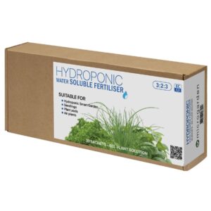 Brown rectangular box labeled "Hydroponic Water Soluble Fertiliser" featuring images of leafy greens, suitable for hydroponic systems, seedlings, plant pods, and air plants.
