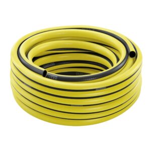 Coiled yellow garden hose with black stripes, neatly stacked on a white background.