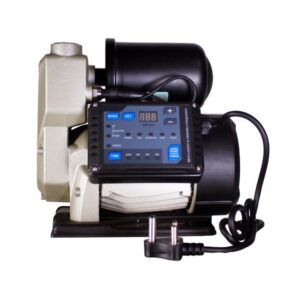 Compact water pump with digital control panel and attached power cord on a white background.