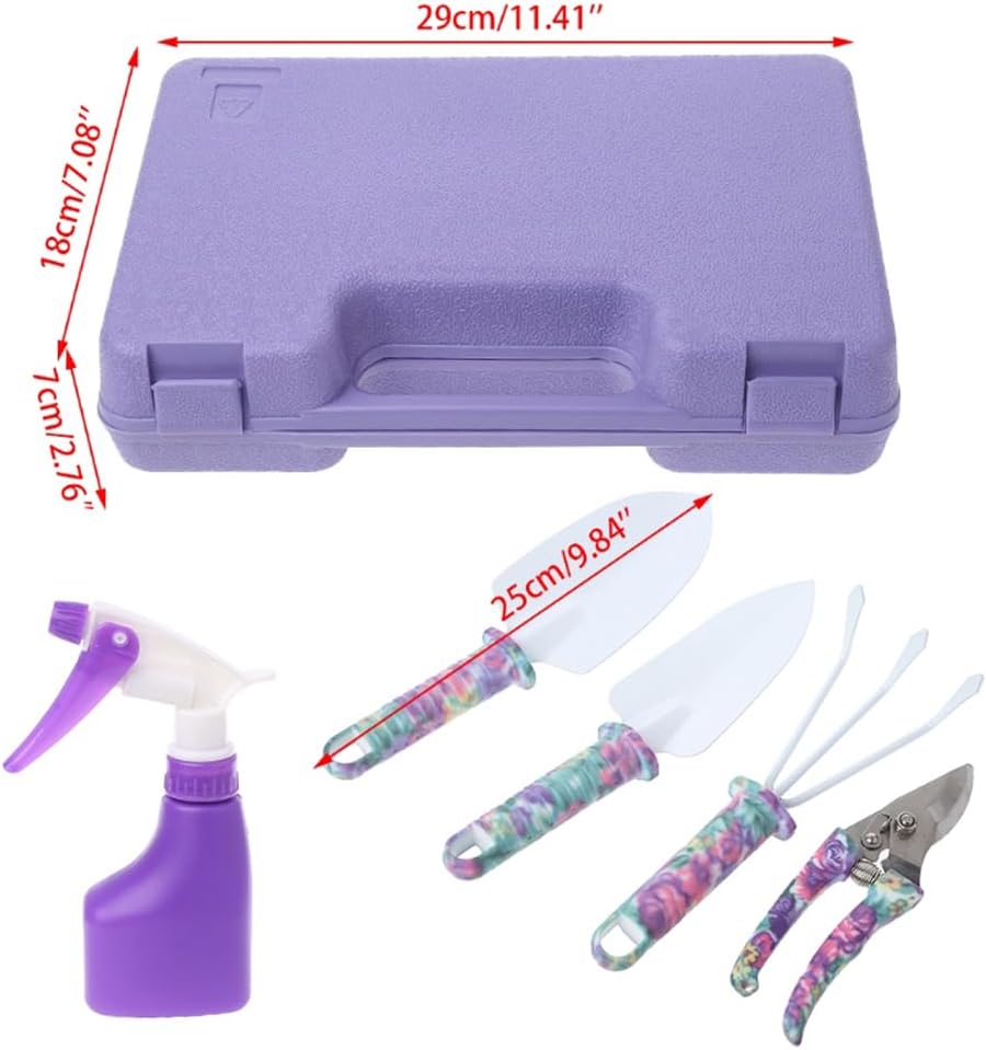 Purple gardening tool set with case, sprayer, trowels, pruner, and colorful handles. Case dimensions: 29x18x7cm.