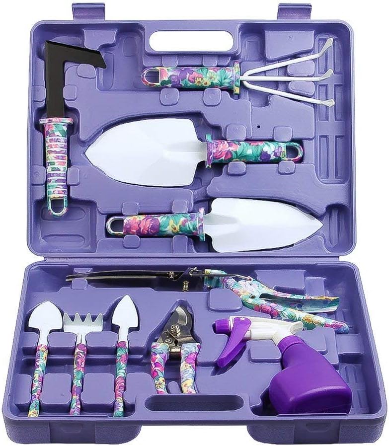 Purple gardening tool set with floral handles includes trowels, pruners, spray bottle, and cultivator in a carrying case.