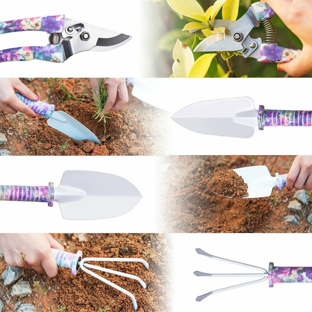 Floral-handled gardening tools: pruners, trowel, and rake used for planting and soil work.